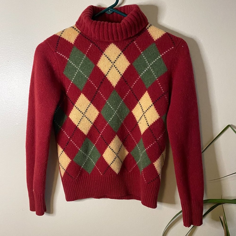 Vintage Wool Turtle Neck Argyle Sweater